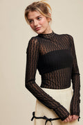 Black Semi Sheer Lace Long-Sleeve Layering Top