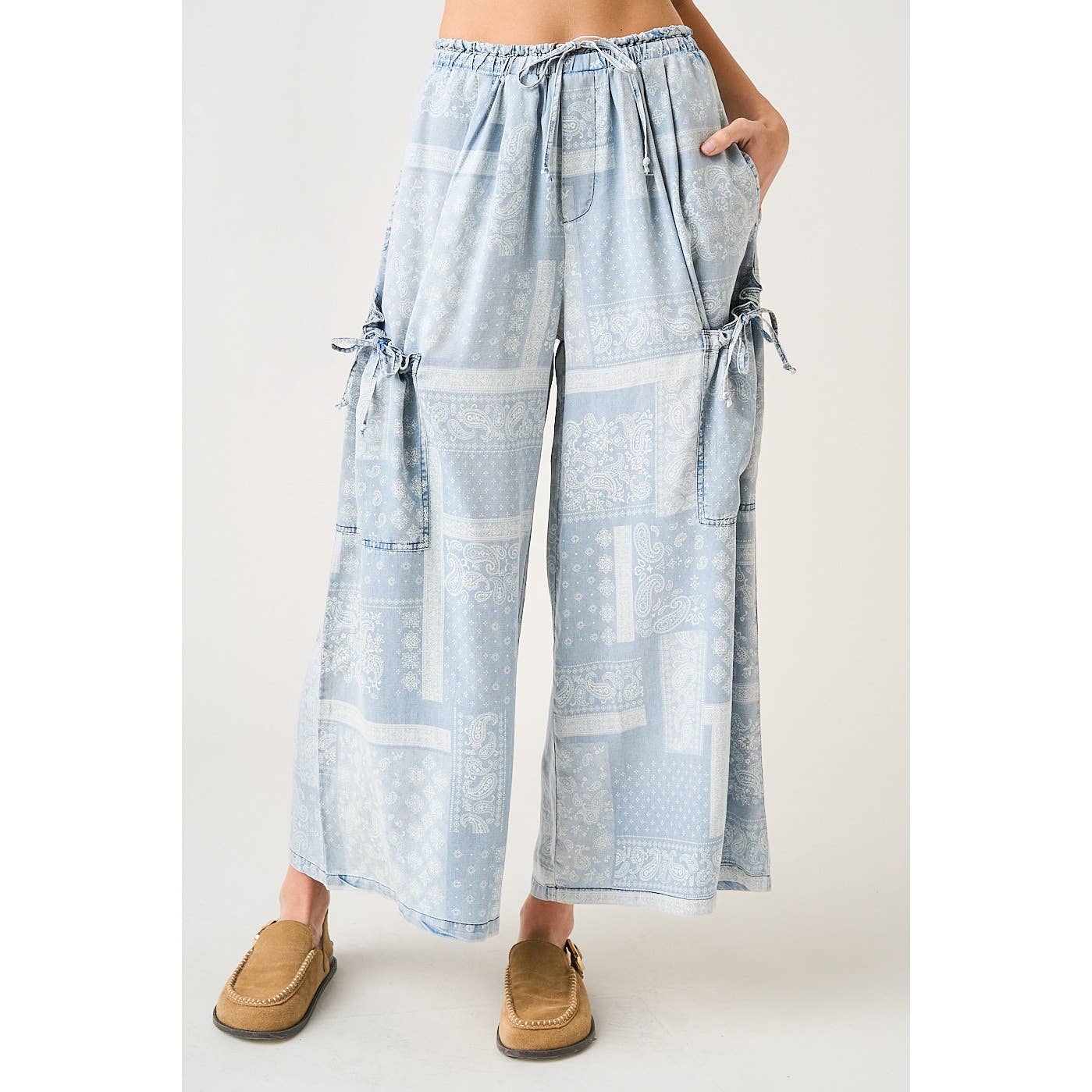 Light Denim Paisley Print Wide Leg Pants