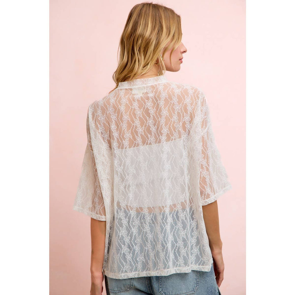 Cream Floral Boxy Mesh Top