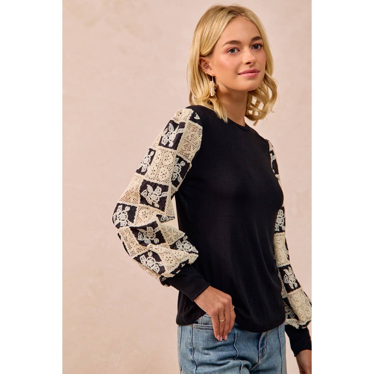 Black Flower Crochet Sleeve Top