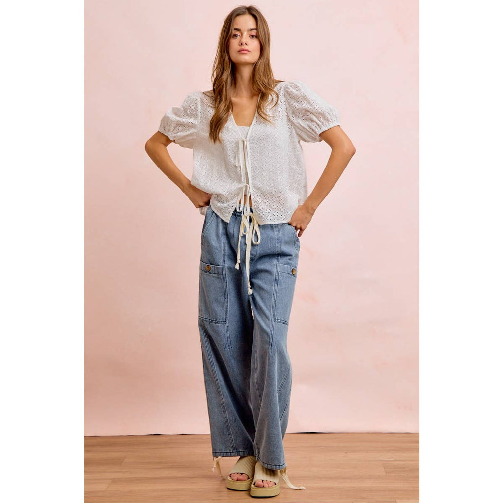 Washed Denim Drawstring Pants