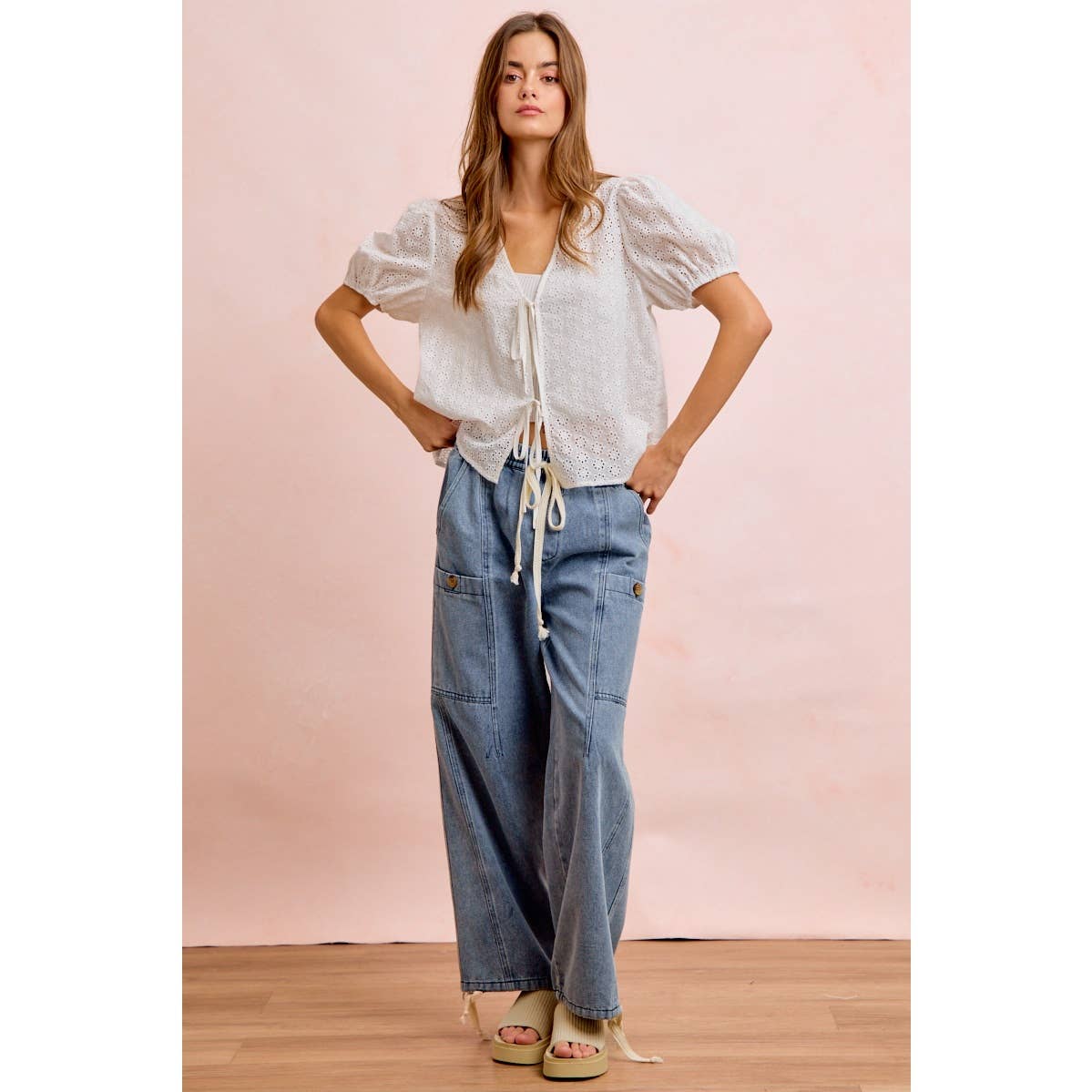 Washed Denim Drawstring Pants
