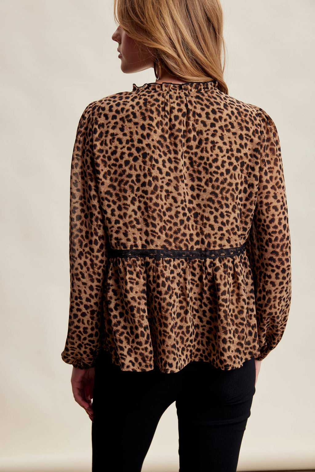 Leopard Print Lace Trim Blouse