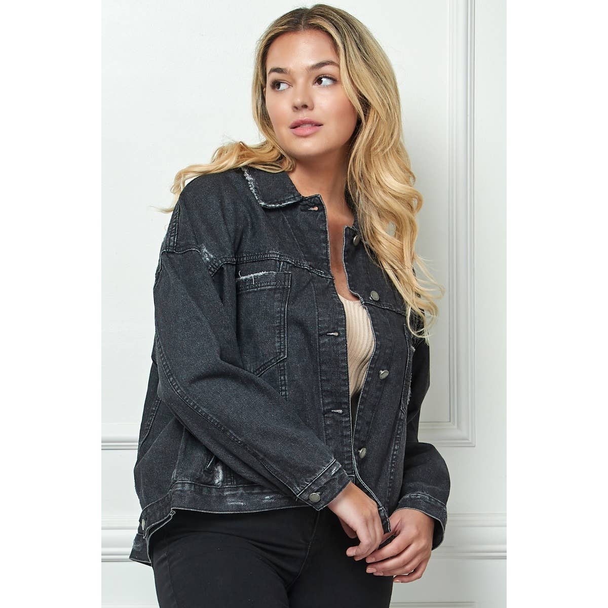 Plus Size Black Oversize Pleated Back Denim Jacket