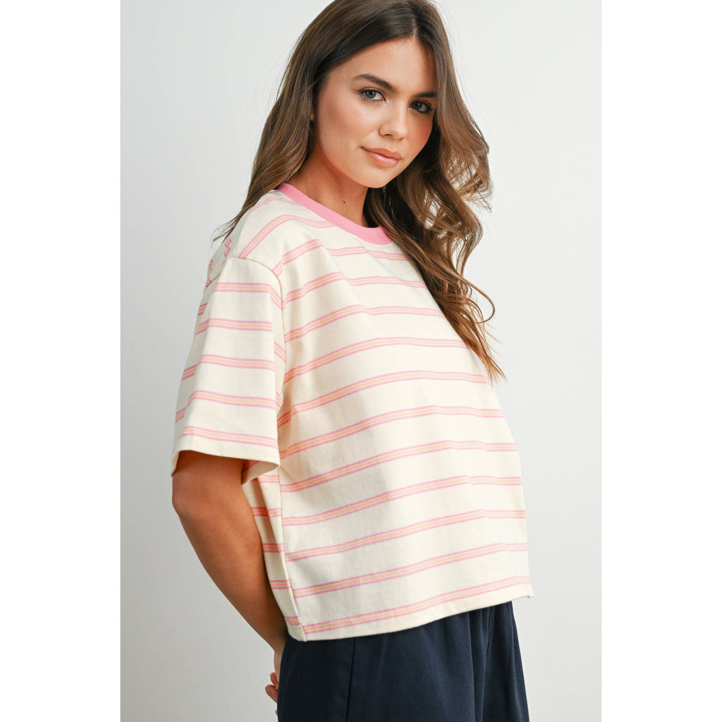 Ivory & Pink Striped Boxy Cropped T-Shirt