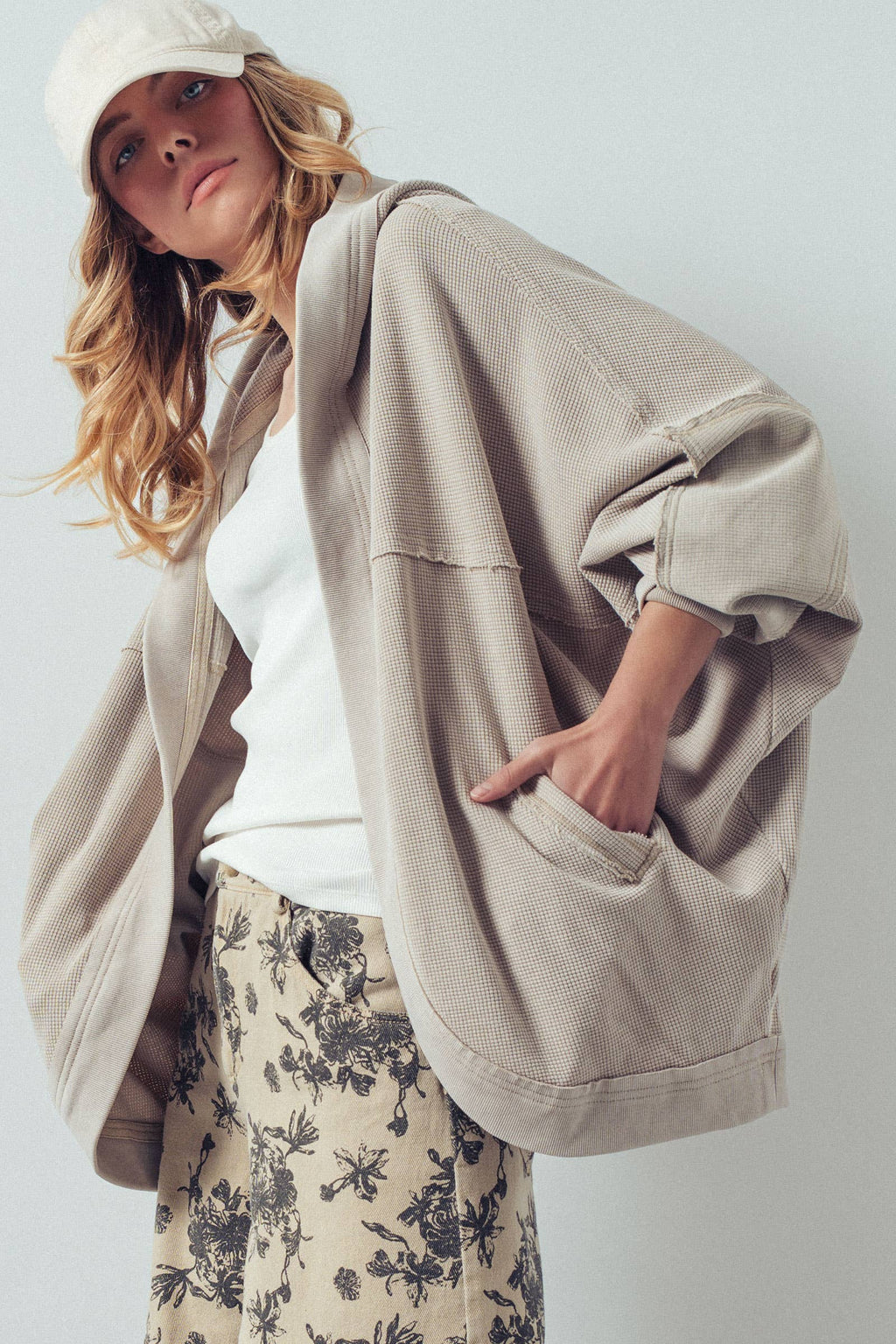 Taupe Washed Waffle Knit Hooded Cardigan