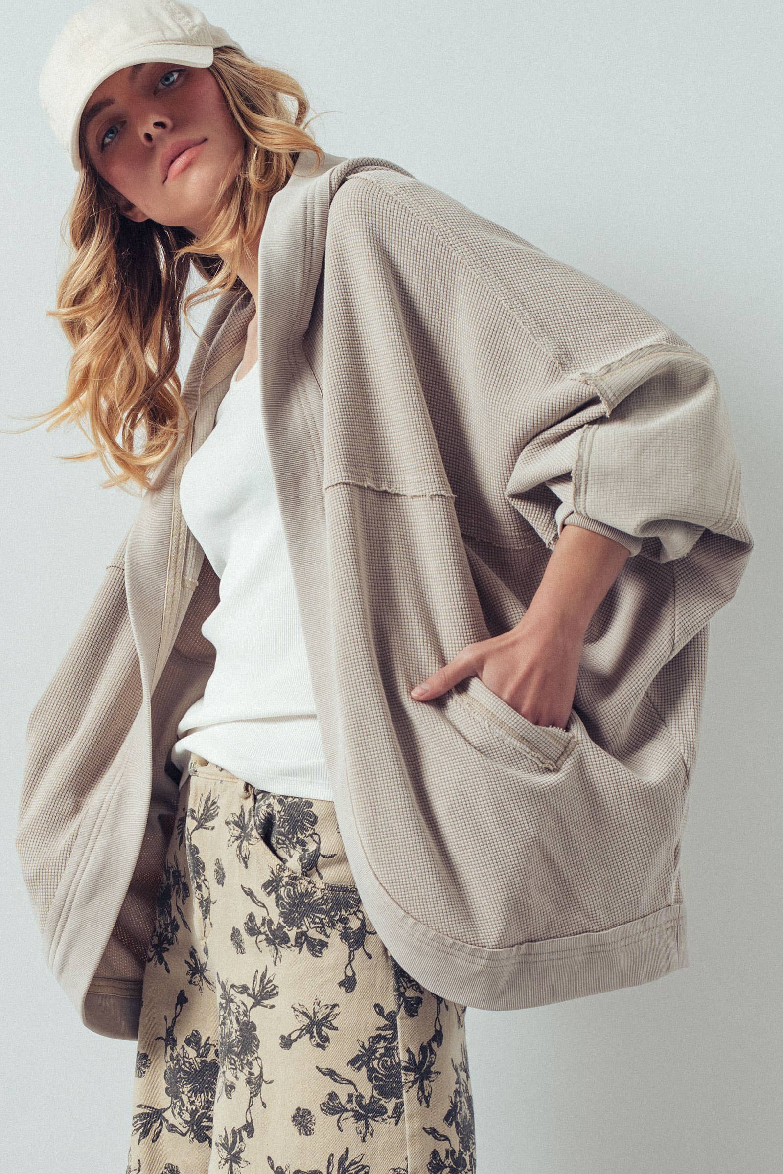 Taupe Washed Waffle Knit Hooded Cardigan