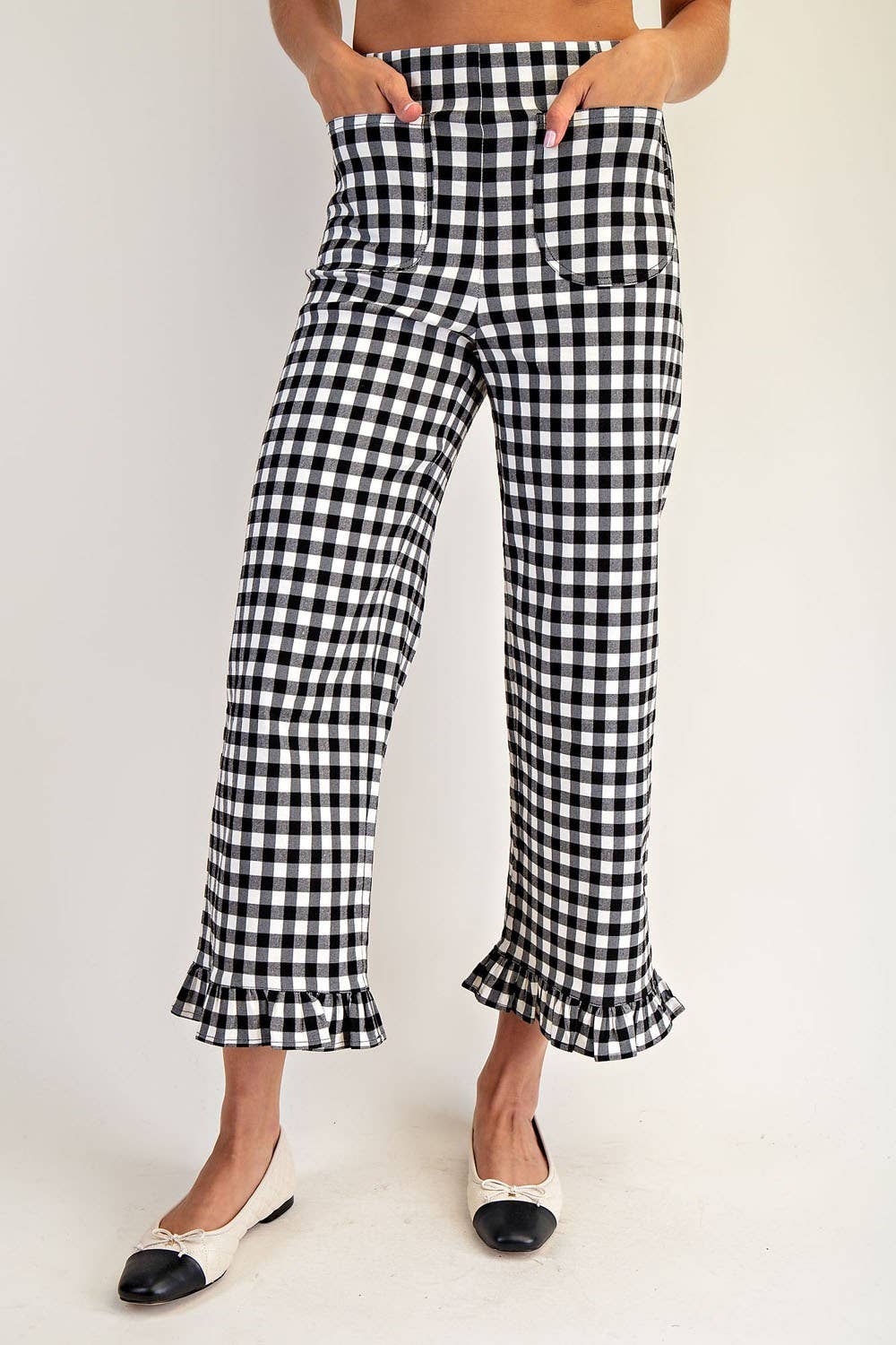 Black Gingham Ruffle Trim Straight Leg Pants
