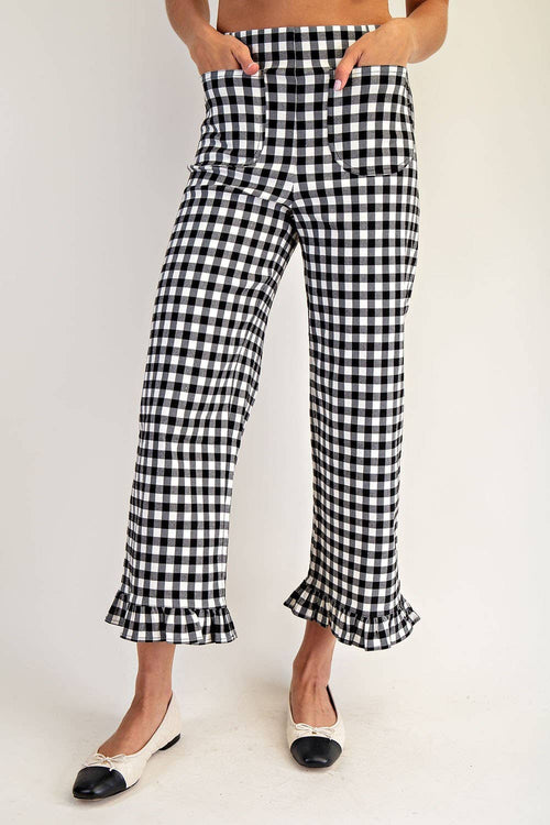 Black Gingham Ruffle Trim Straight Leg Pants