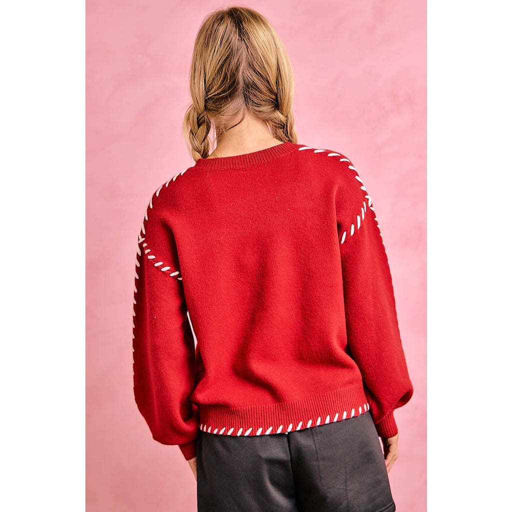 Red Gameday Contrast Stitch Sweater
