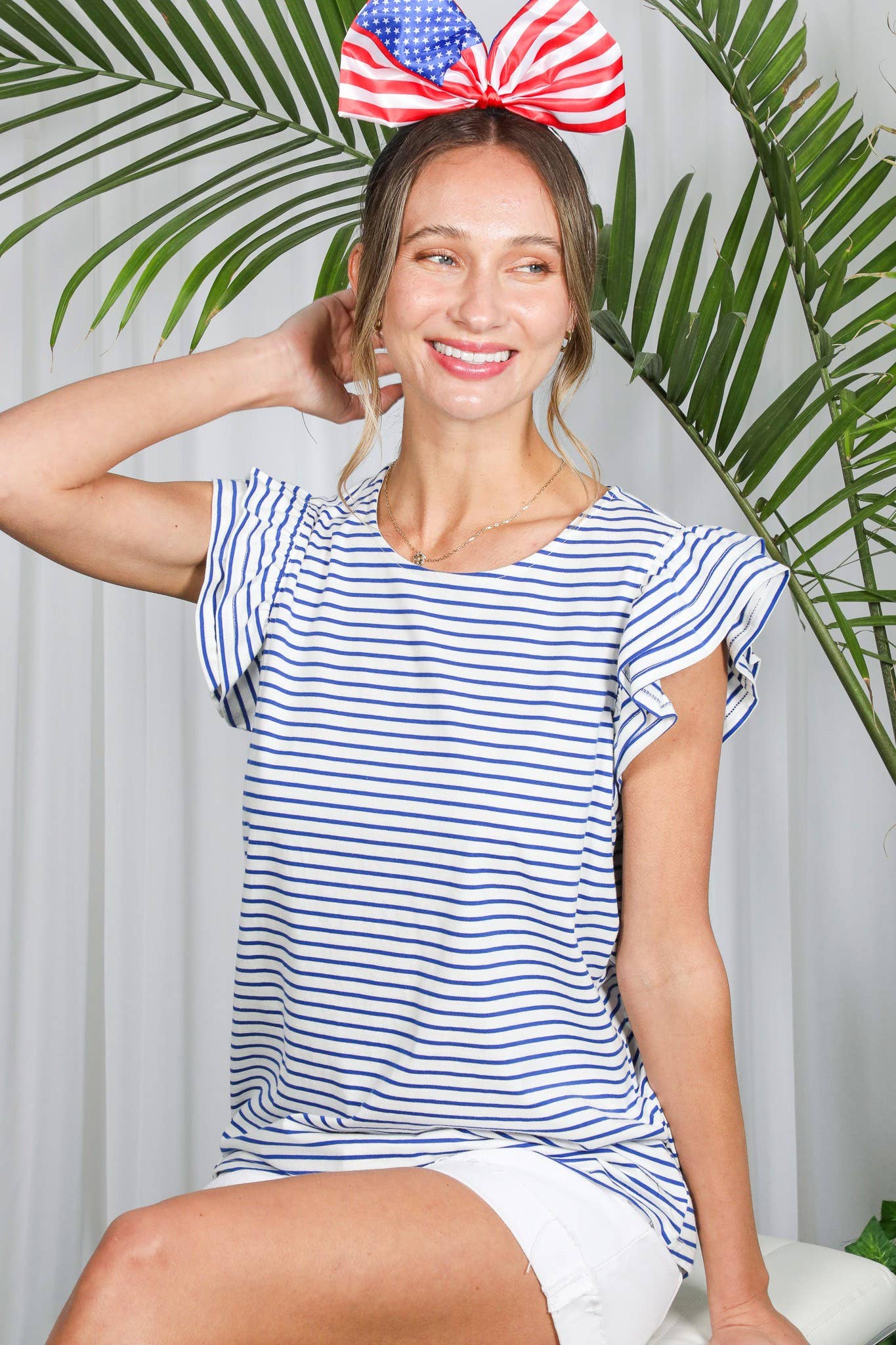 White & Blue Double Flutter Sleeve T-Shirt