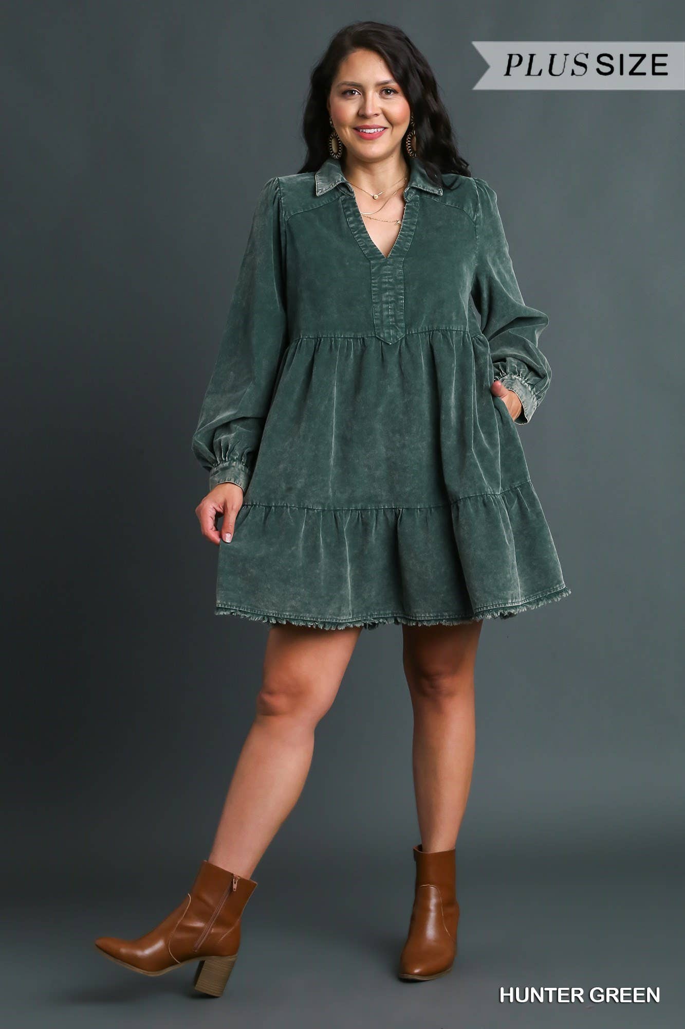 Plus Hunter Green Corduroy Tiered Dress