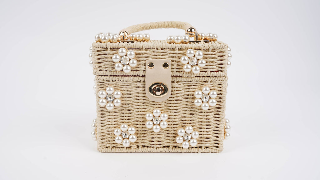 Cream & Pearl Wicker Bucket Daisy Flower Purse