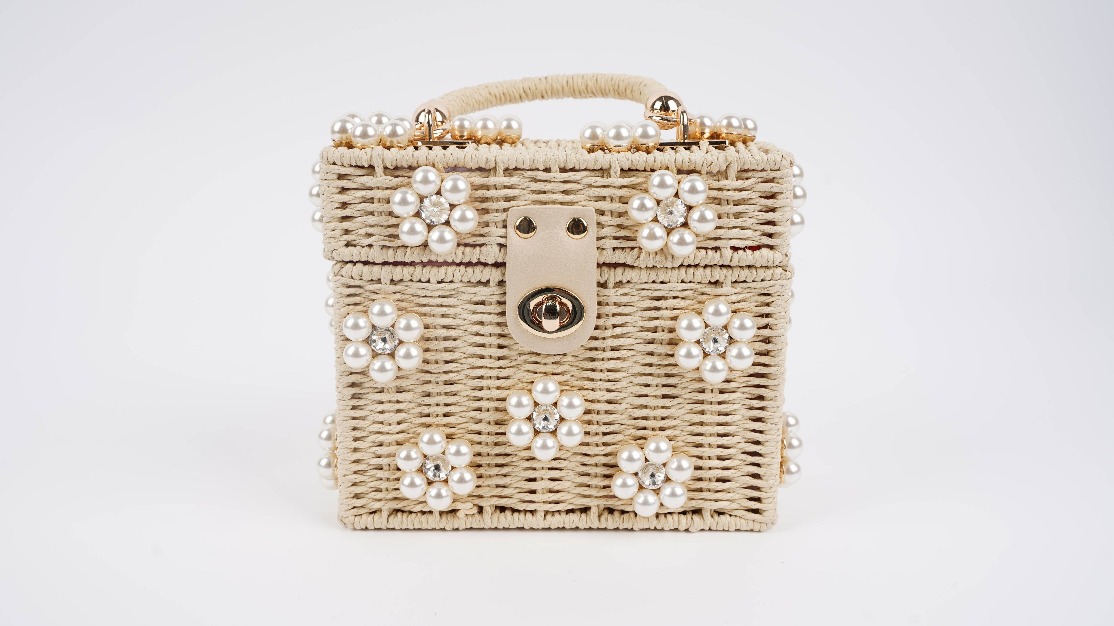 Cream & Pearl Wicker Bucket Daisy Flower Purse