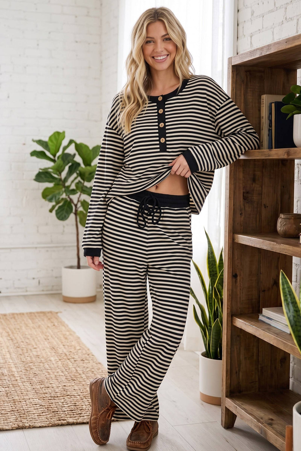 Black & White Striped Button Top