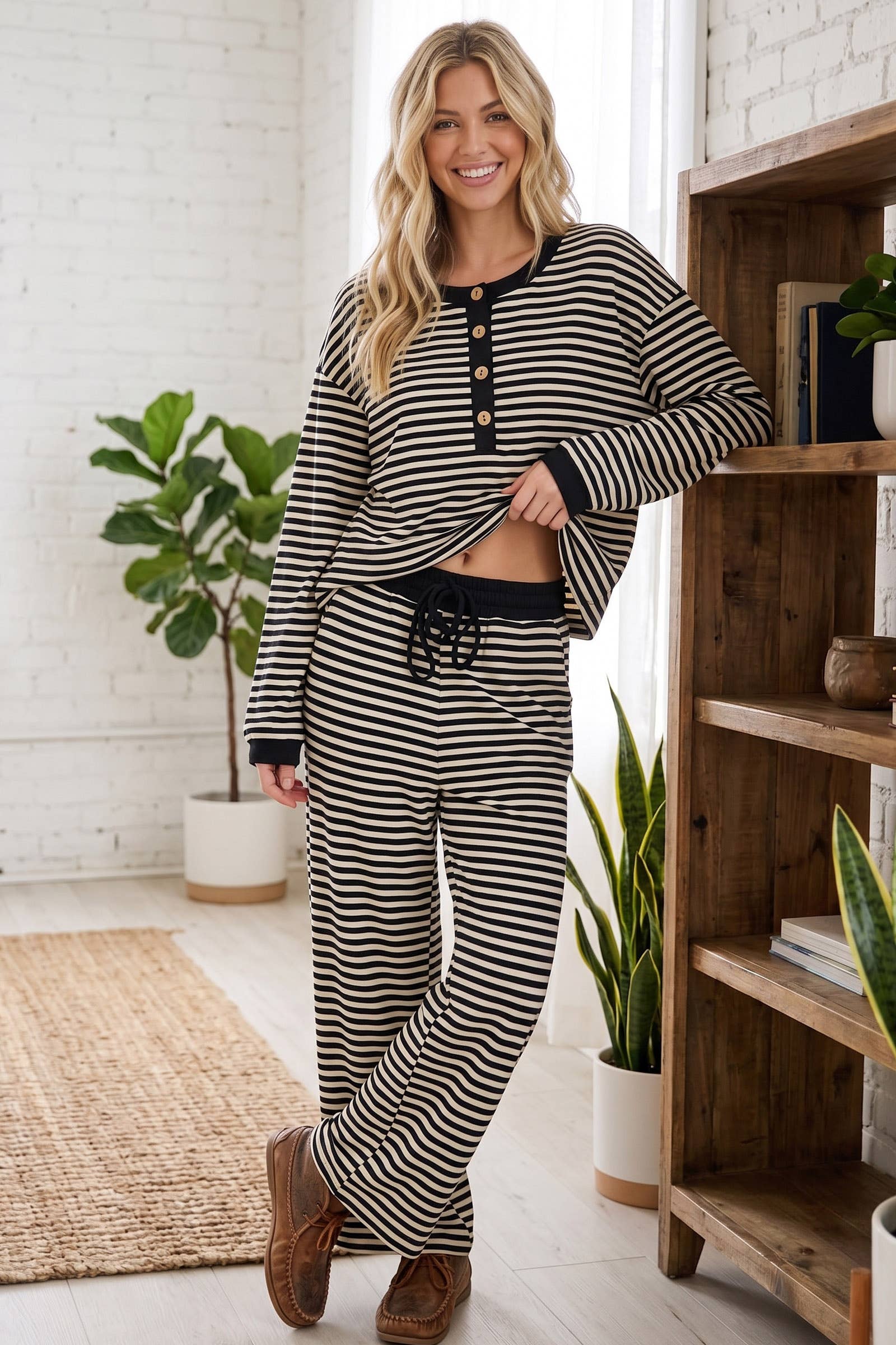 Black & White Striped Button Top