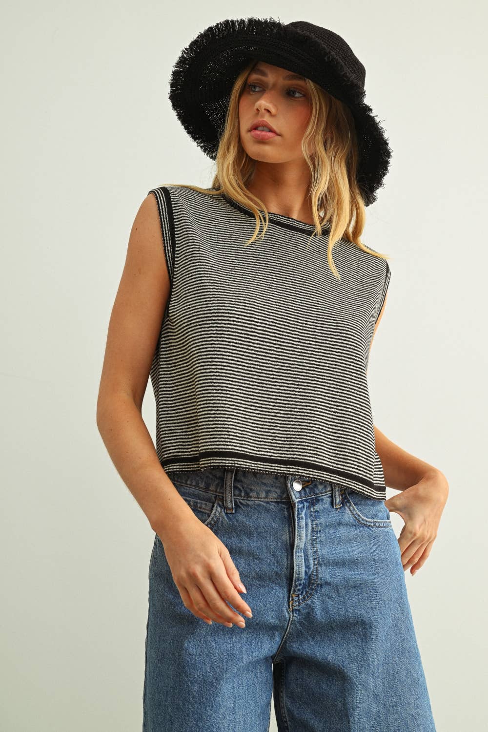 Black Pinstriped Sleeveless Knit Top