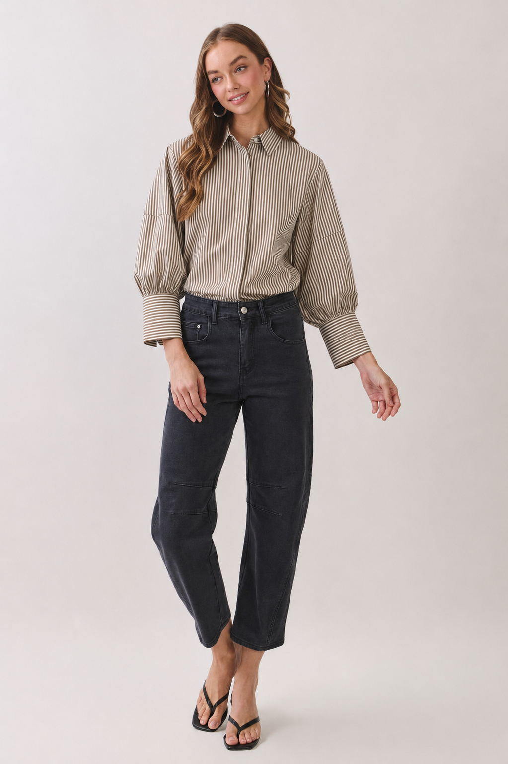 Brown Stripe Puff Sleeve Blouse