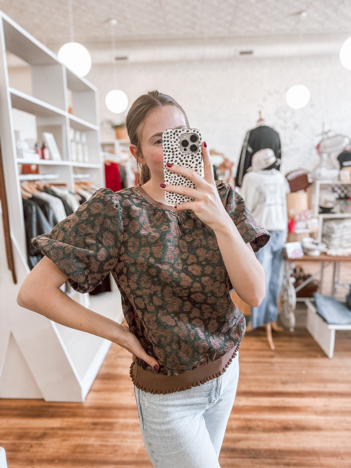 Brown Bubble Sleeve Velvet Top