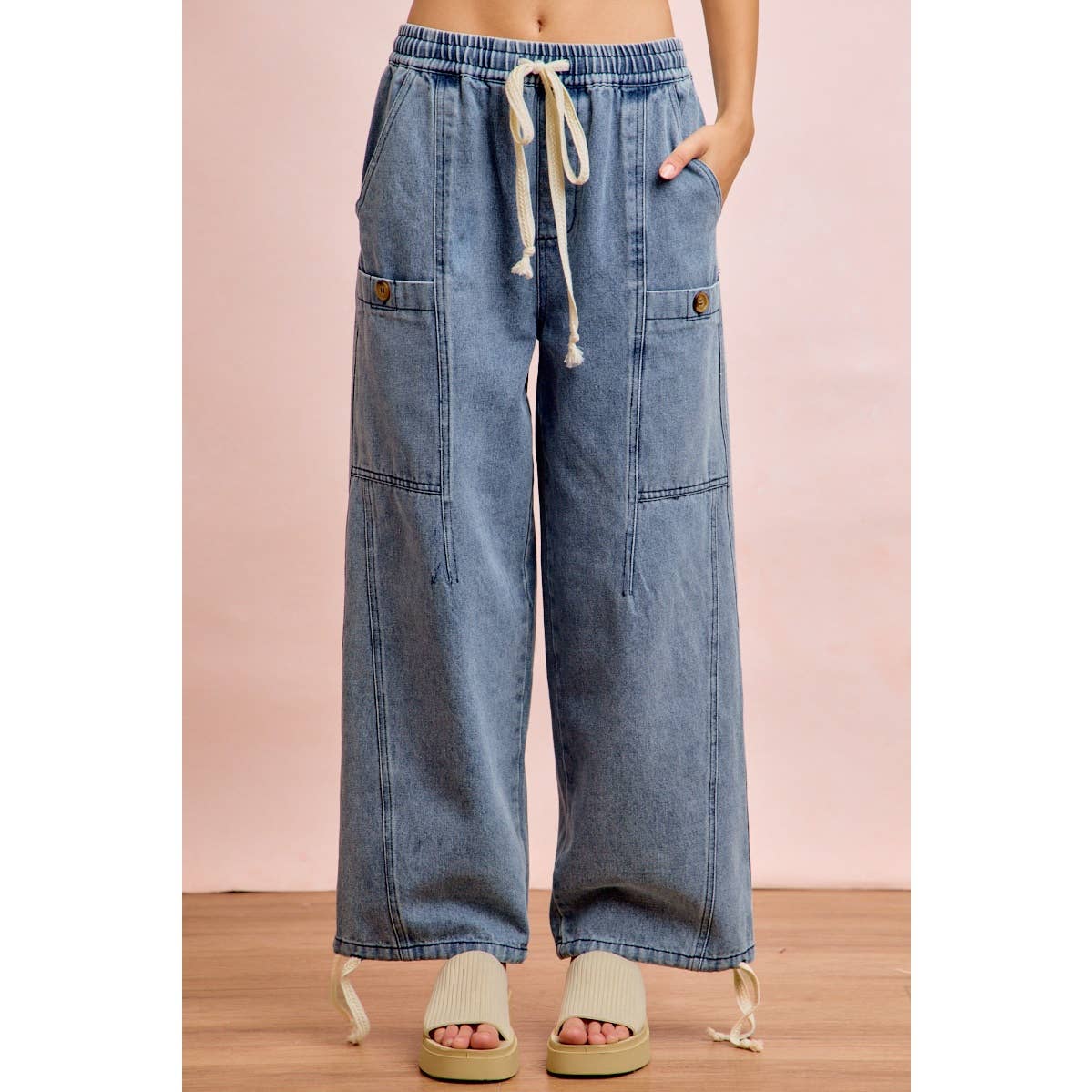 Washed Denim Drawstring Pants