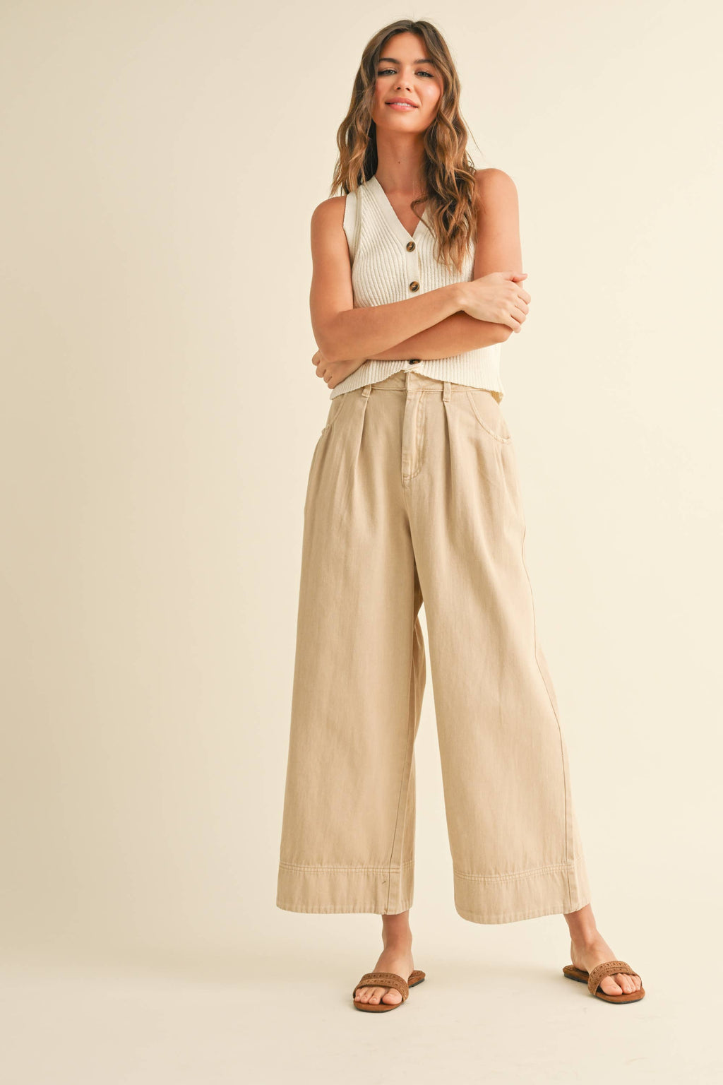 Beige Loose Fit Pleated Cotton Pants