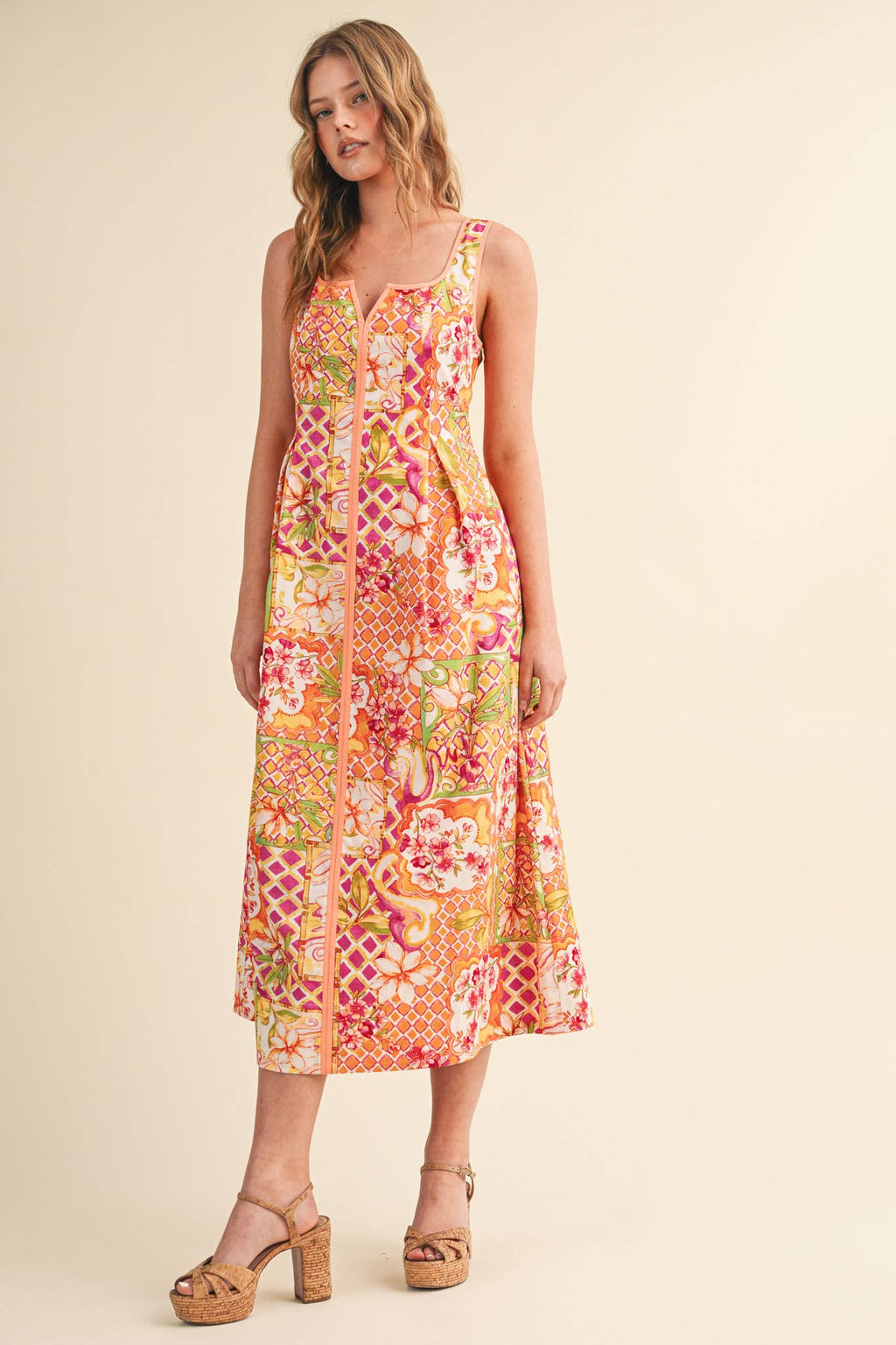 Ivory Pink Floral Midi Dress