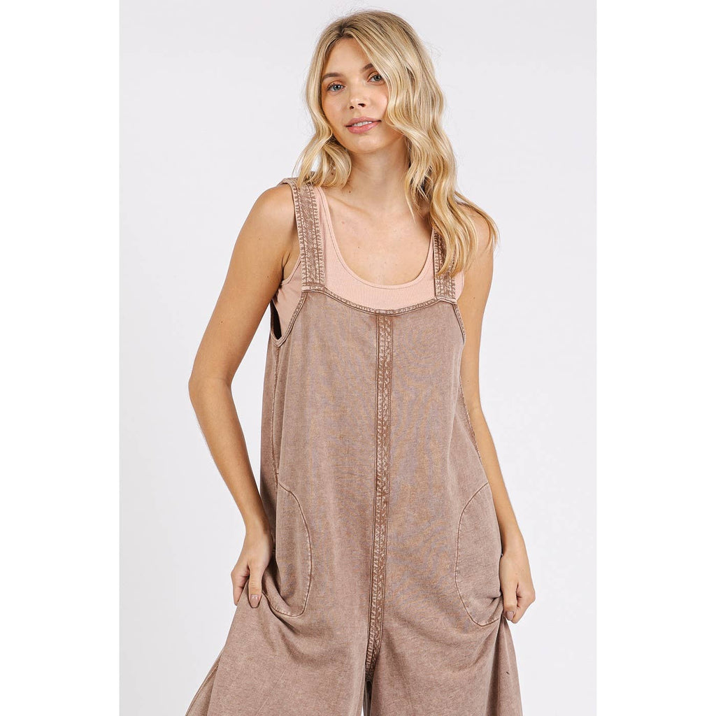 Coffee Mineral Wash Wide Leg Jumpsuit