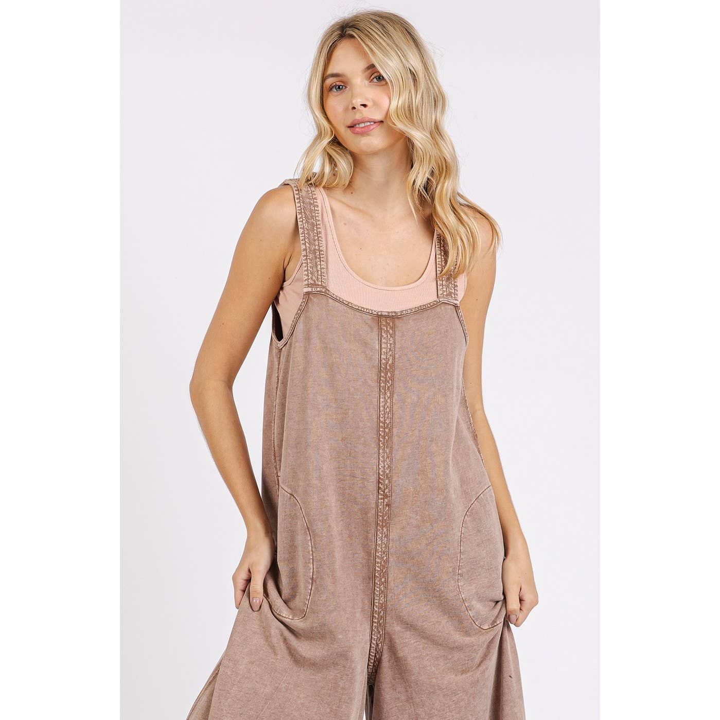 Coffee Mineral Wash Wide Leg Jumpsuit