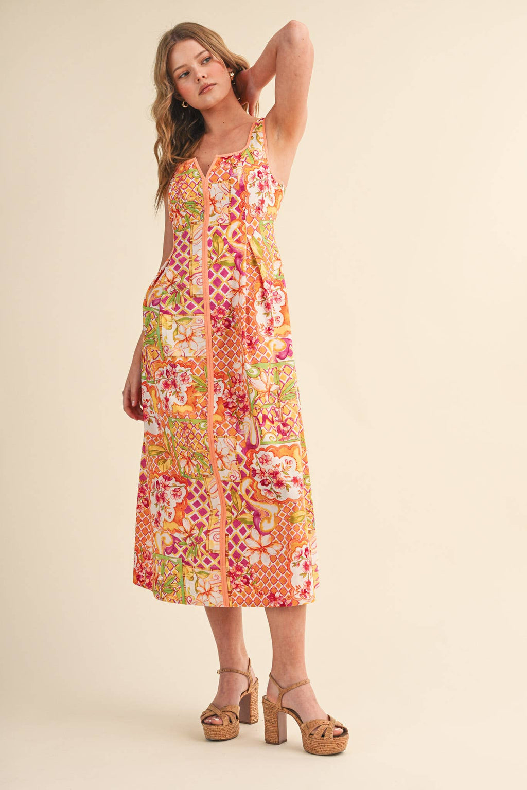Ivory Pink Floral Midi Dress