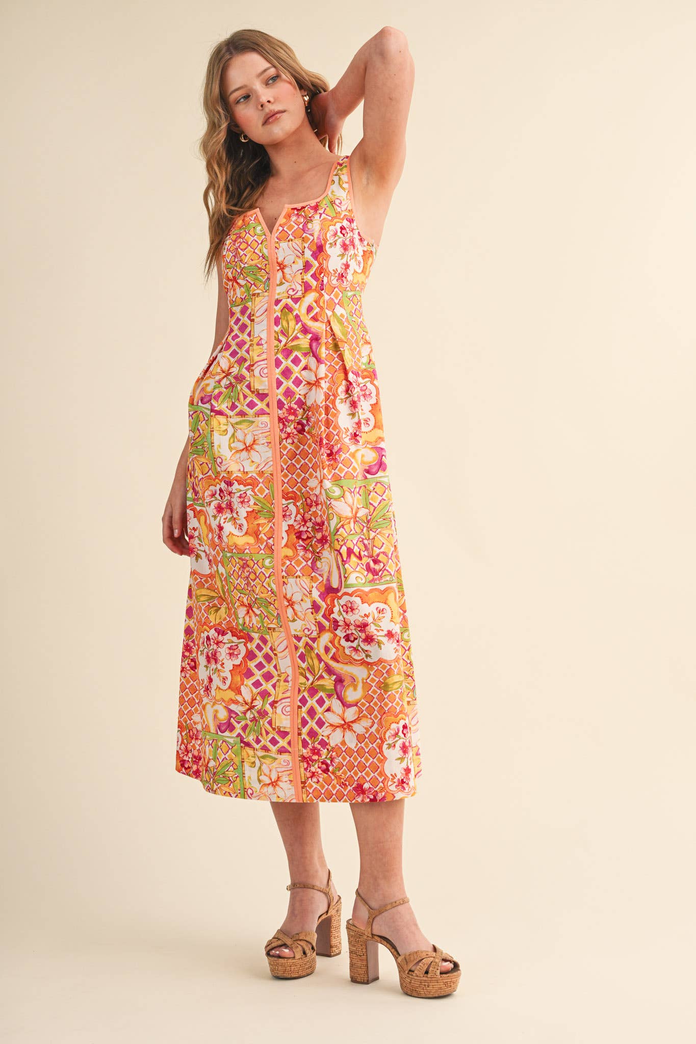 Ivory Pink Floral Midi Dress
