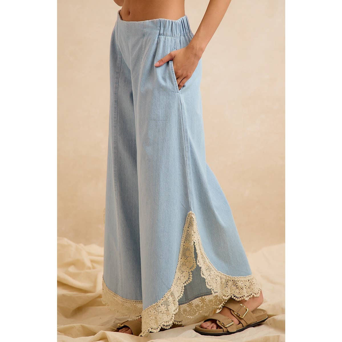 Denim Wide Leg Lace Tulip Hem Jeans