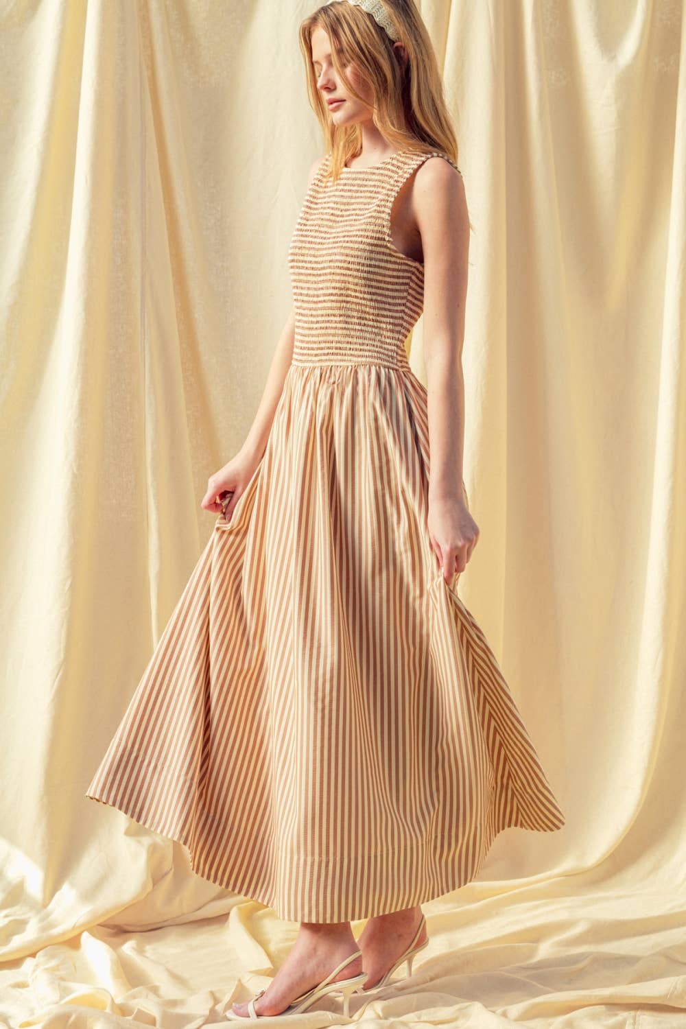 Brown Striped Smocked Top Dress