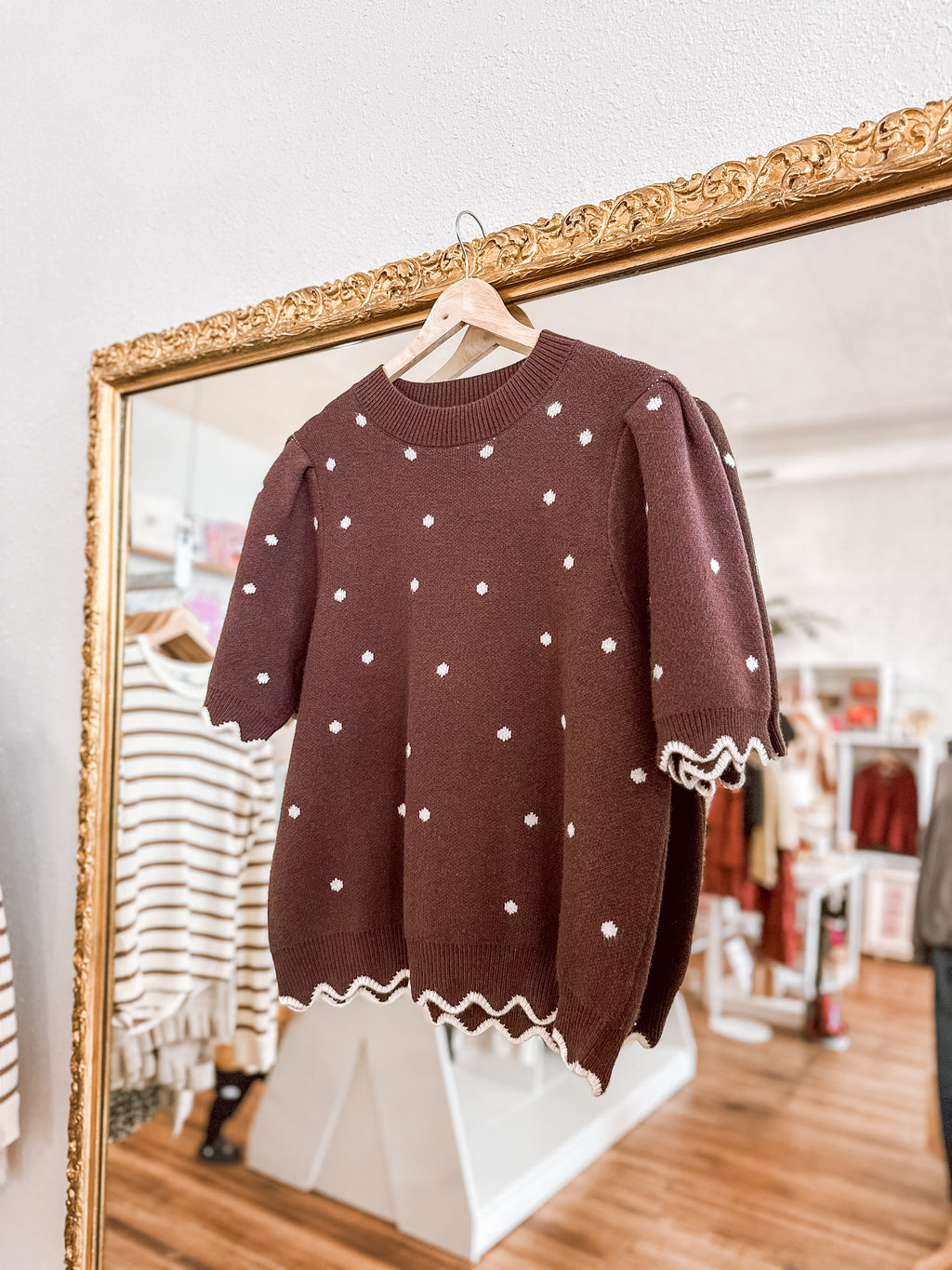 Plus Brown Scallop Polka Dot Top