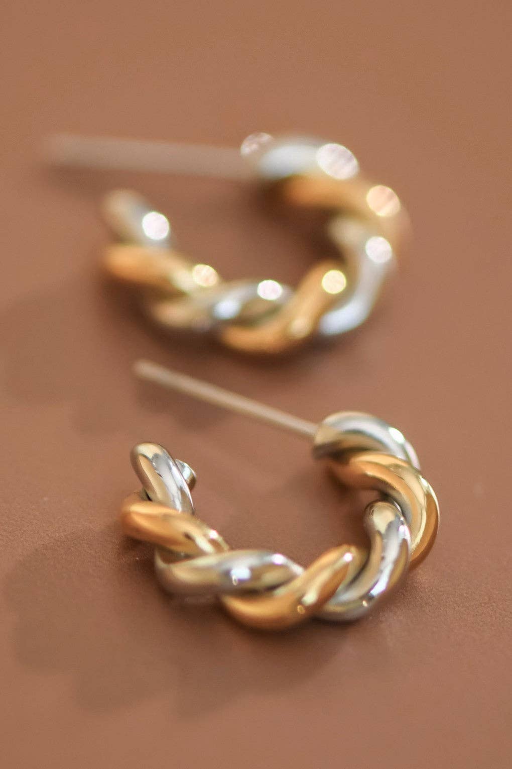 Gold Two Tone Twist Stainless Steel Hoop Earrings