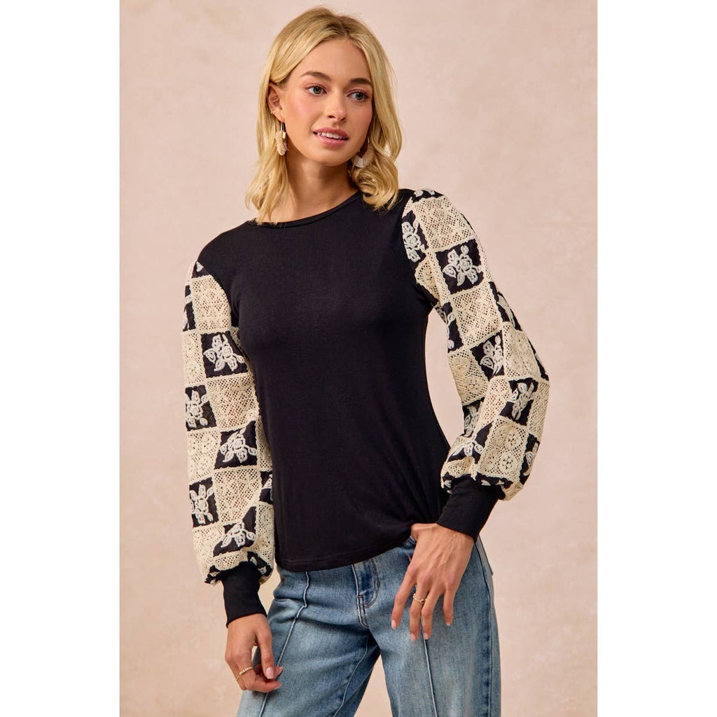Black Flower Crochet Sleeve Top