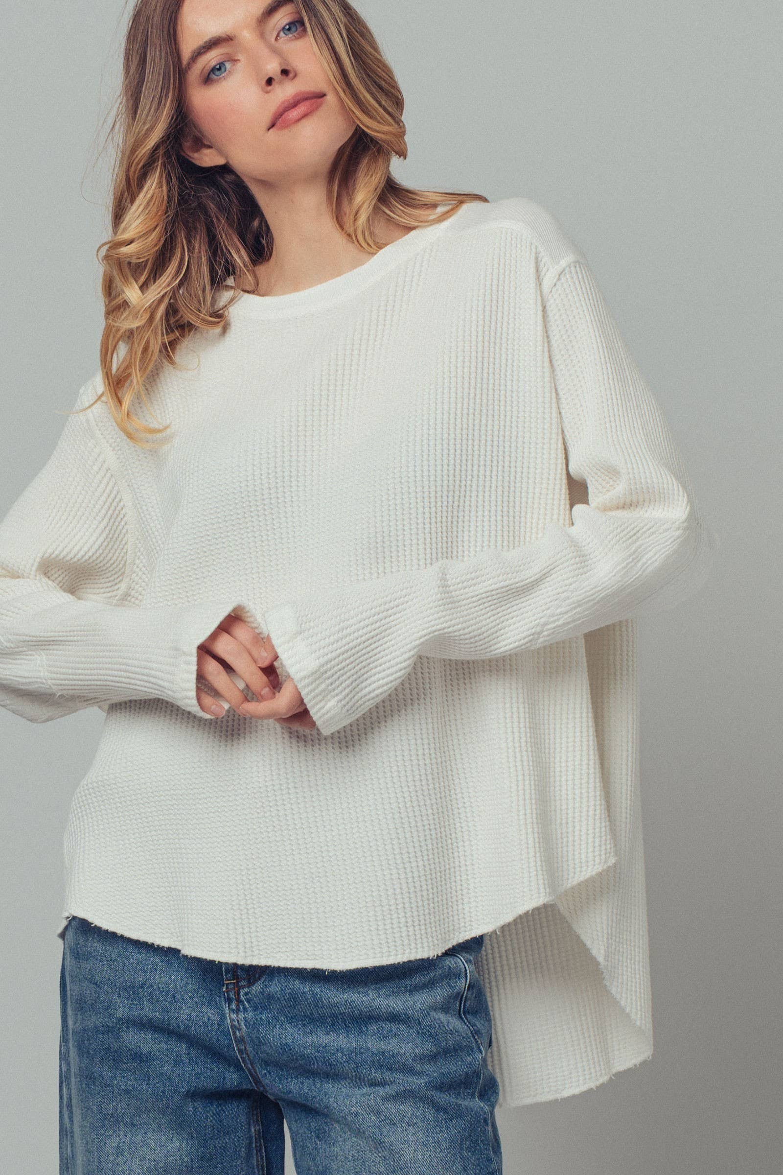 Ivory Oversized Waffle Knit High-Low Tunic Top