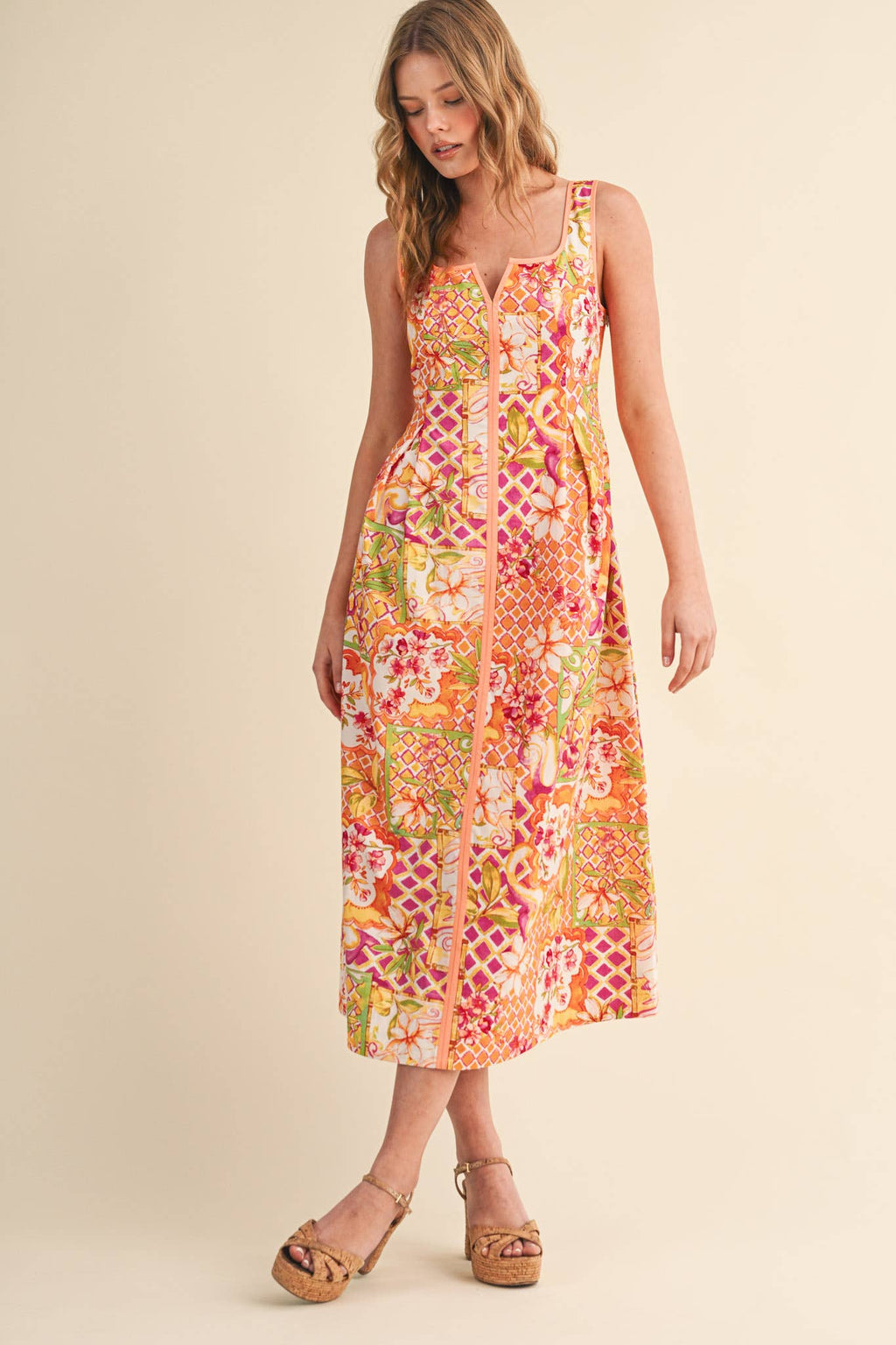 Ivory Pink Floral Midi Dress