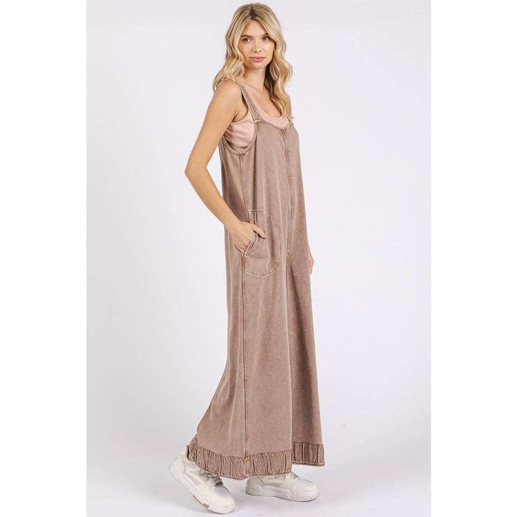 Coffee Mineral Wash Wide Leg Jumpsuit