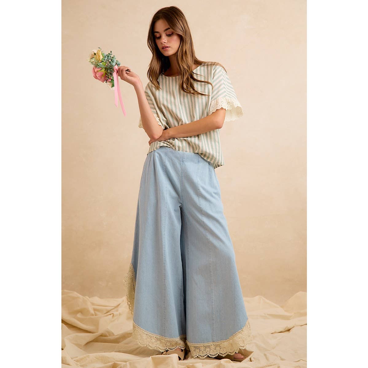 Denim Wide Leg Lace Tulip Hem Jeans
