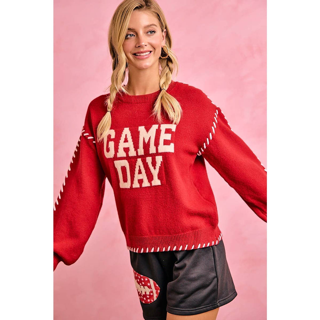 Red Gameday Contrast Stitch Sweater