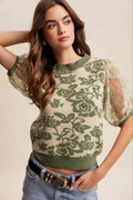 Sage Green Rose Embroidered Knit Top