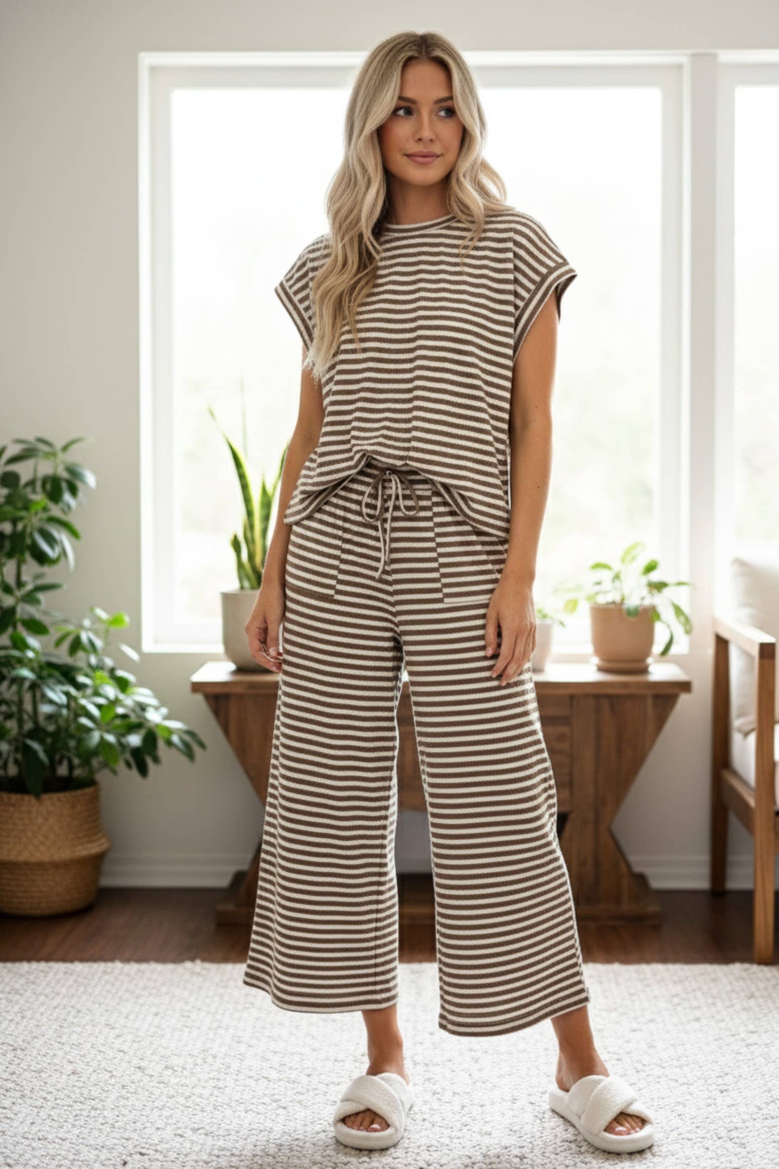 Taupe & Cream Striped Rib Top