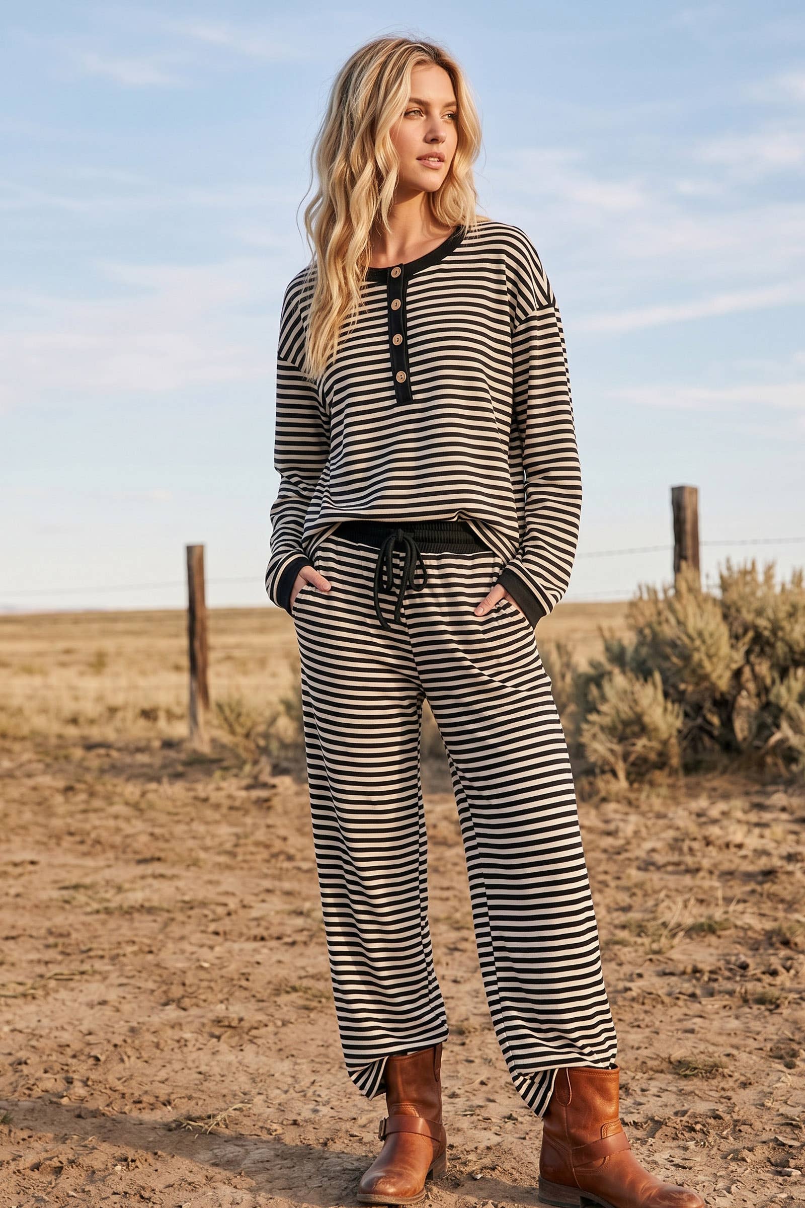 Black & White Striped Button Top
