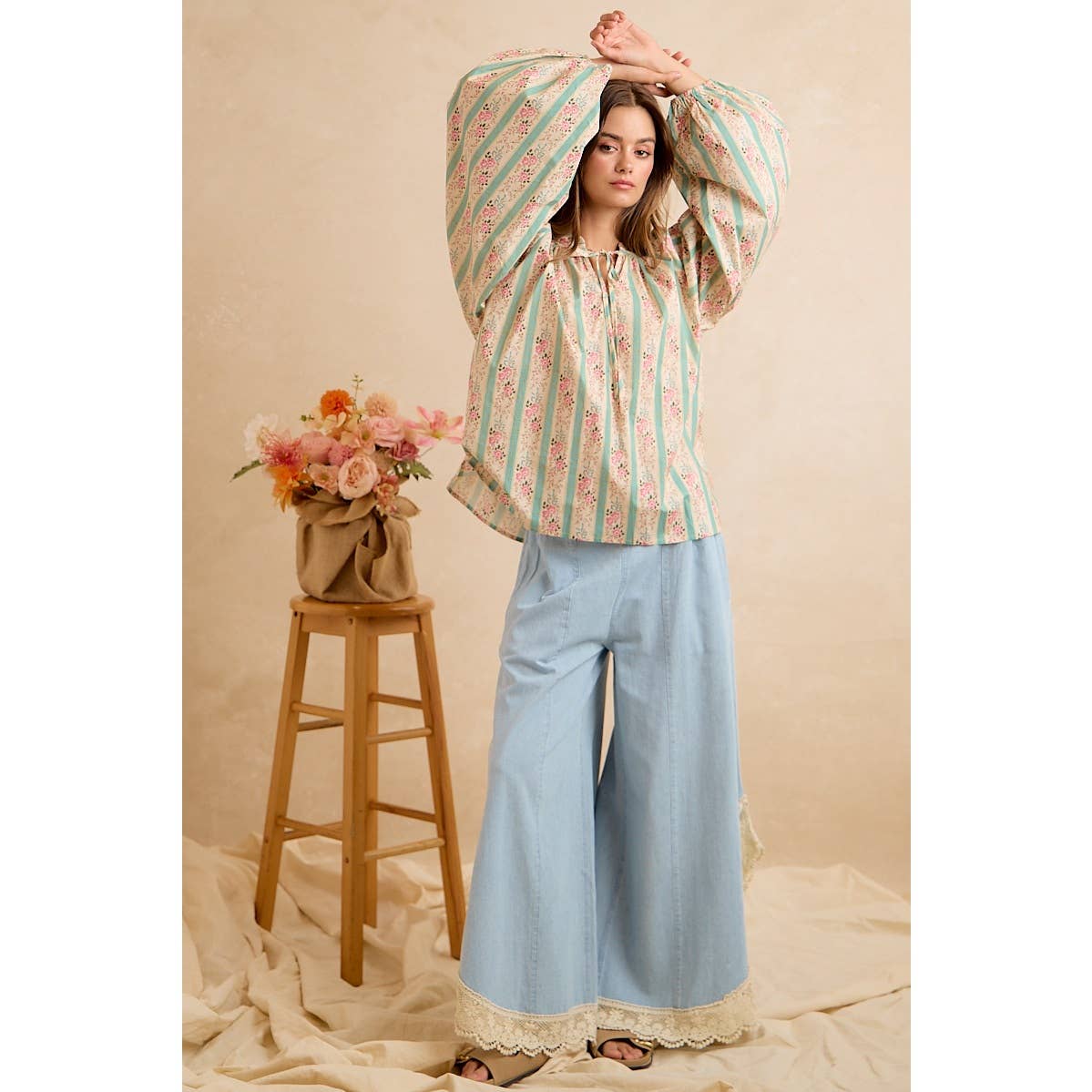 Denim Wide Leg Lace Tulip Hem Jeans