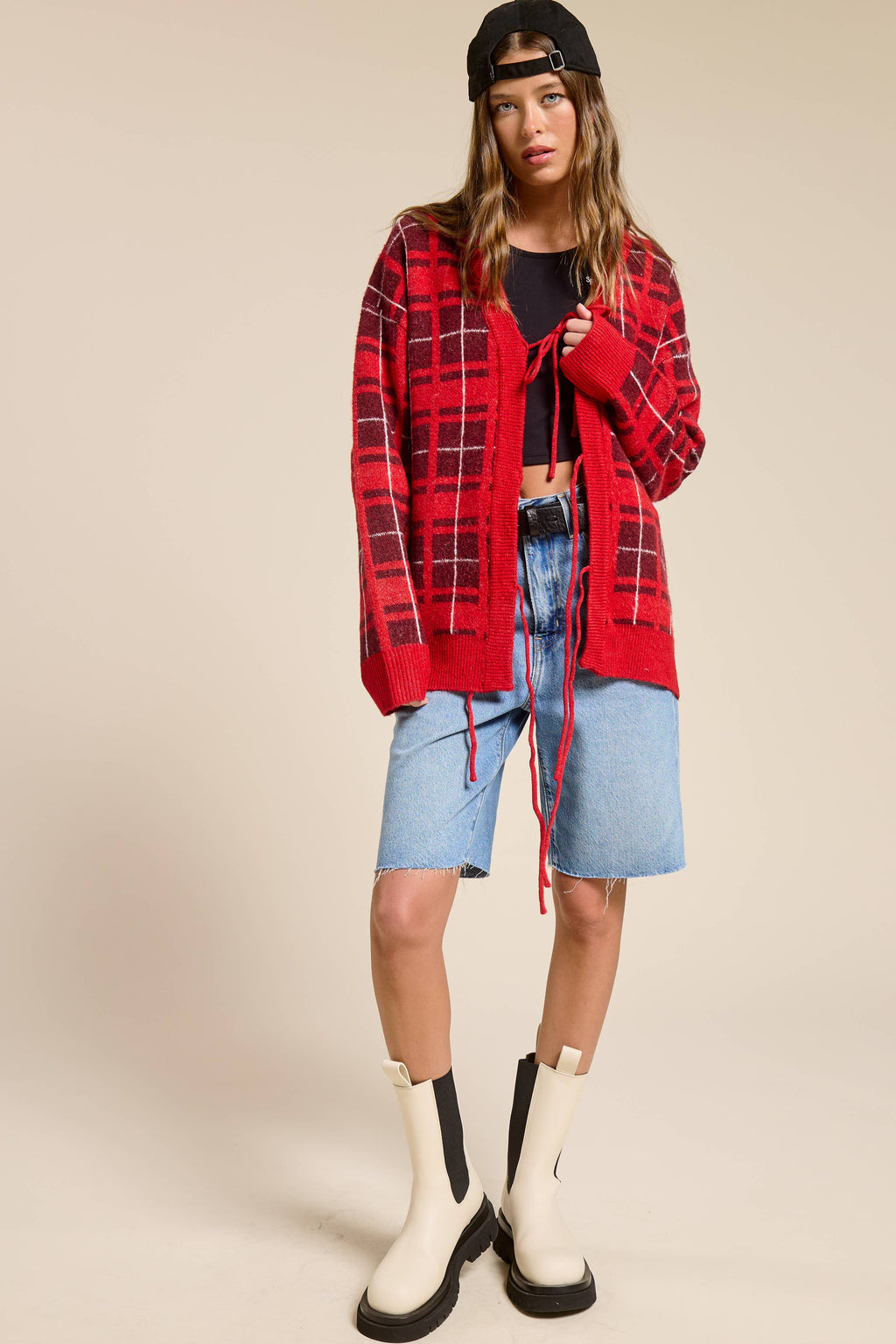 Red Plaid Tie-Front Cardigan Sweater