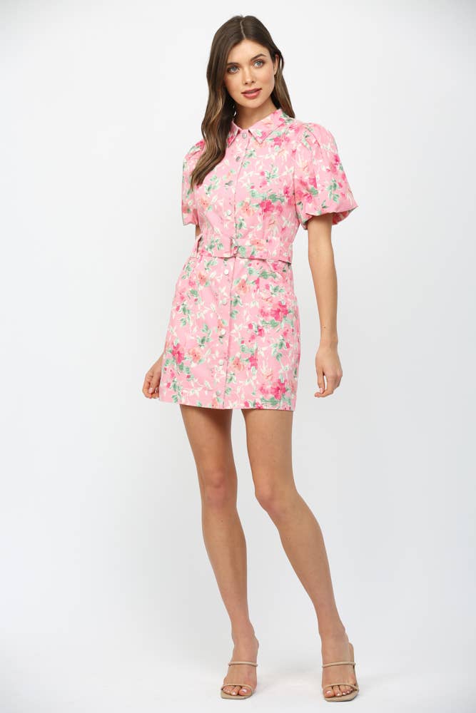 Pink Printed Button Down Mini Dress
