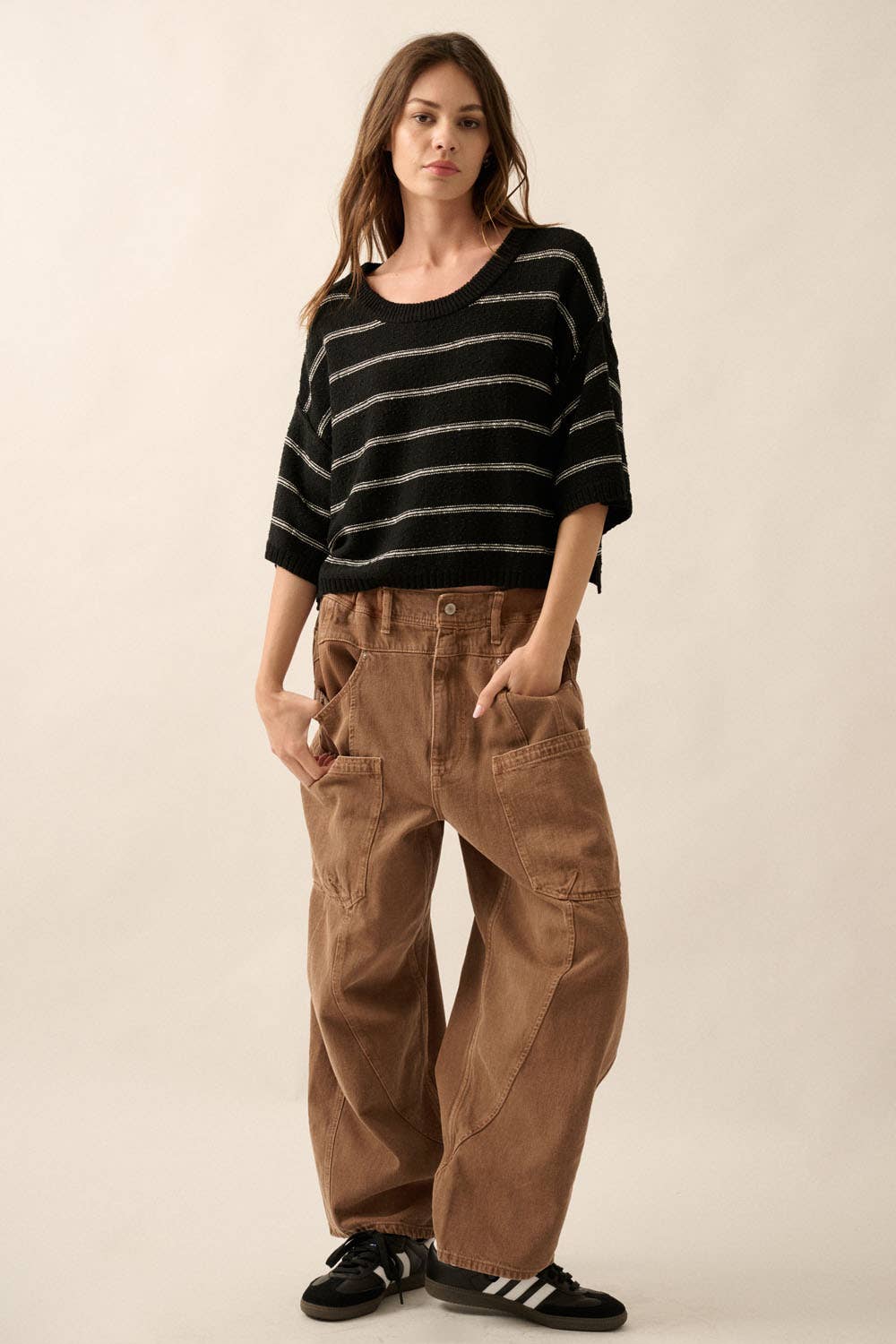 Striped Boat Neck 3/4 Sleeve Sweater