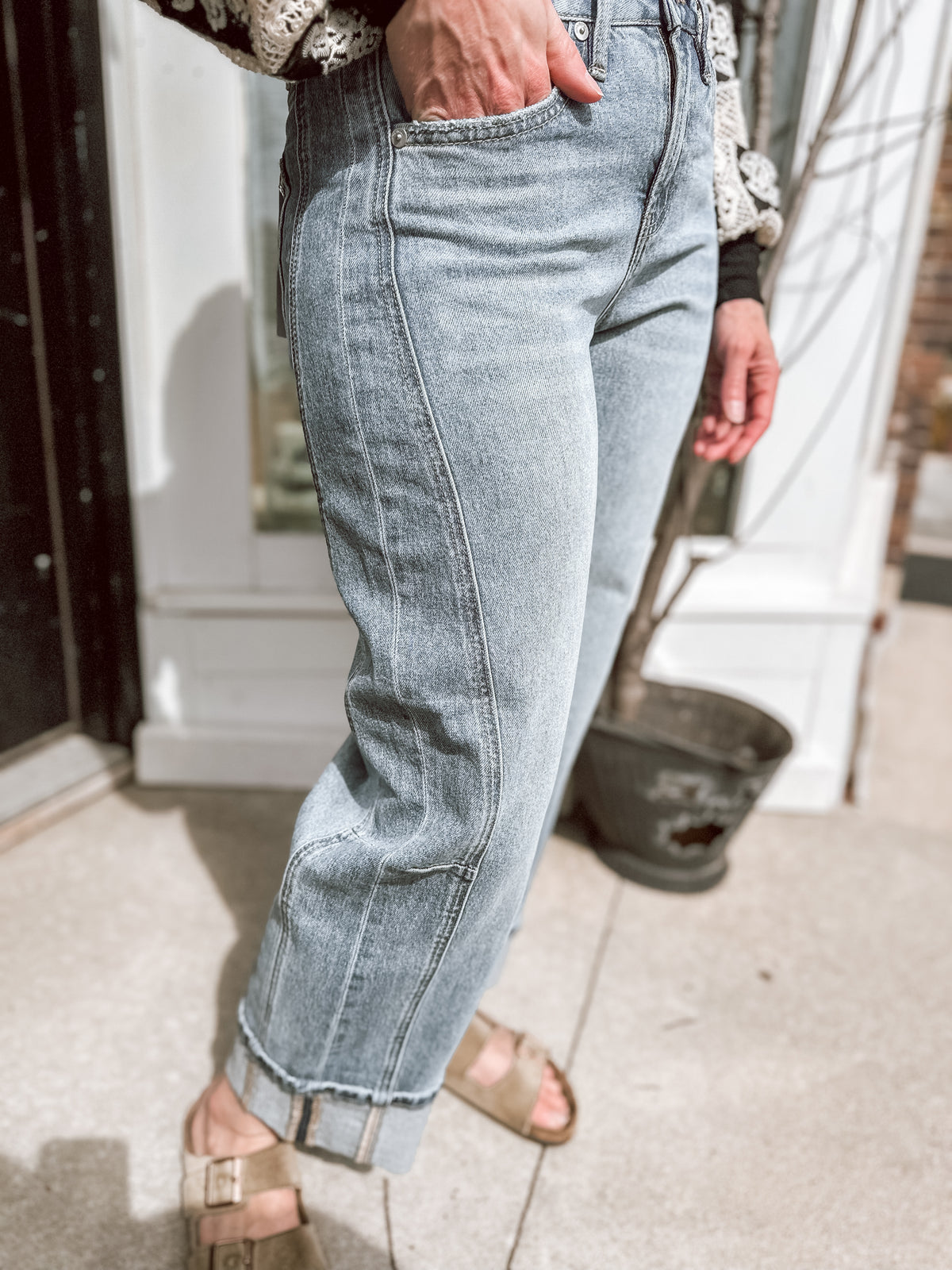 Dusty Sky High Rise Barrel Cuffed Hem Jean