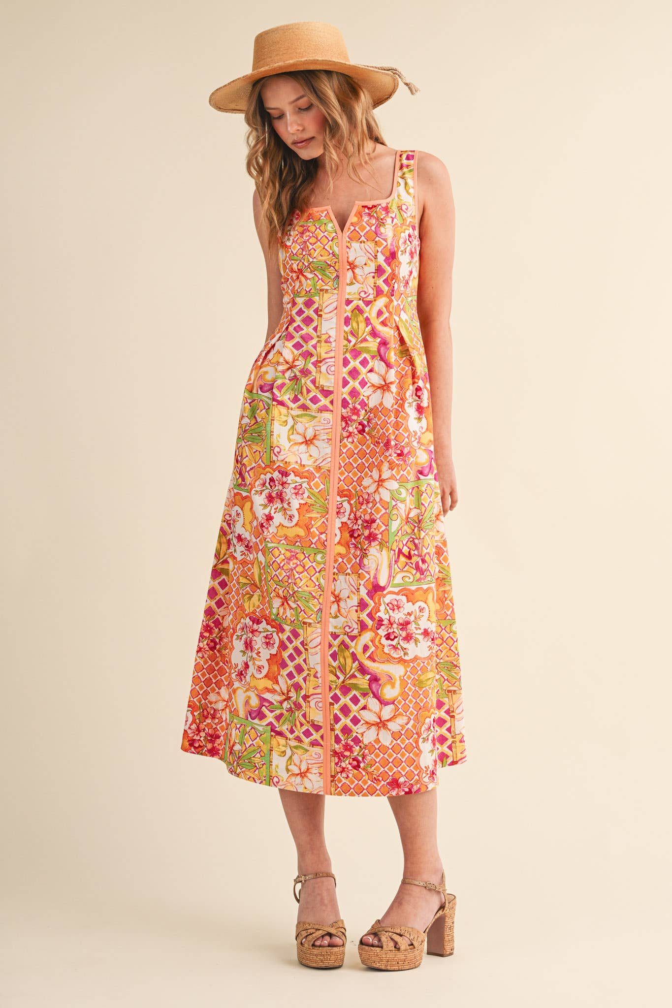 Ivory Pink Floral Midi Dress