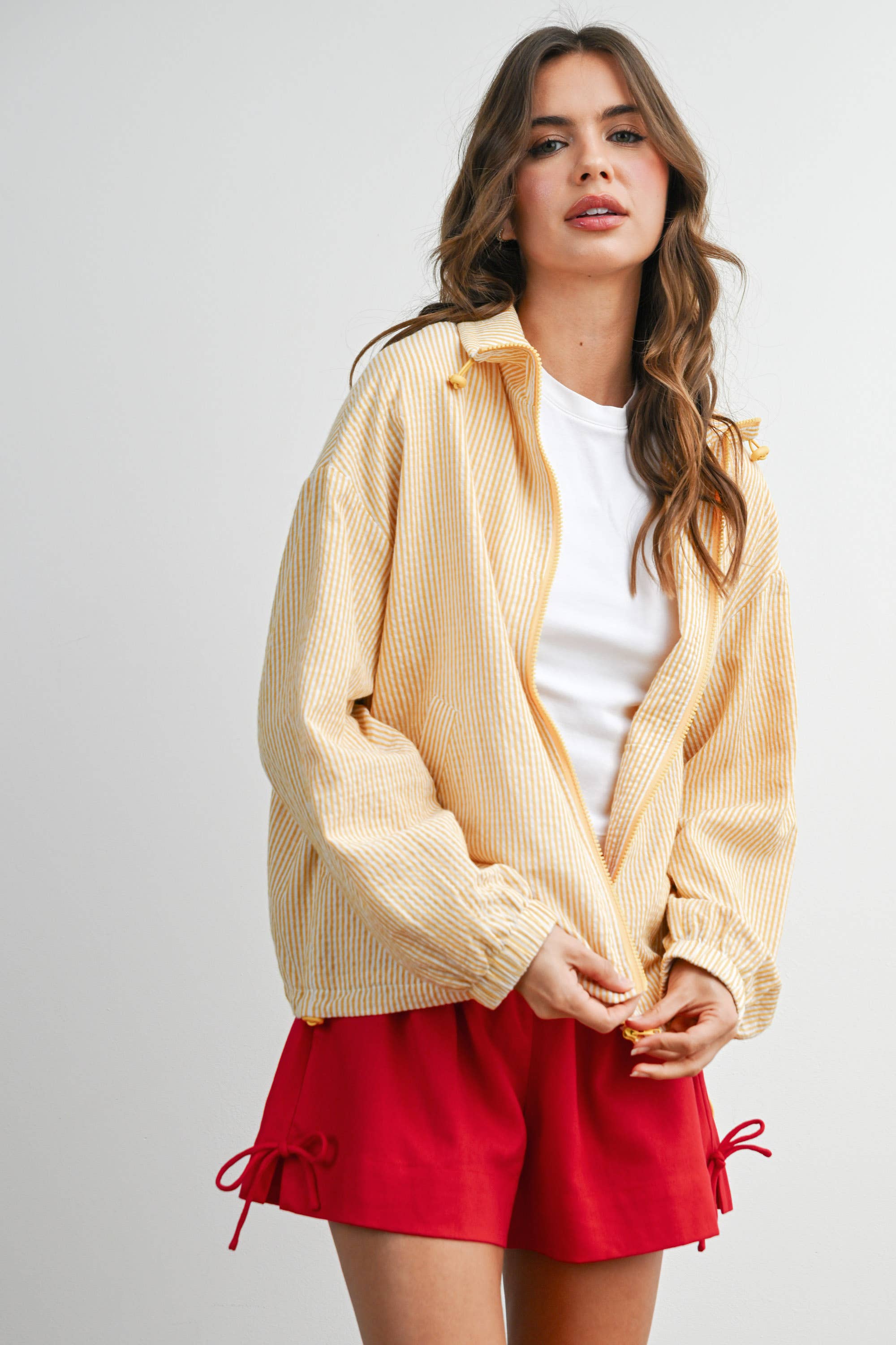 Yellow Striped Zip-Front Drawstring Jacket